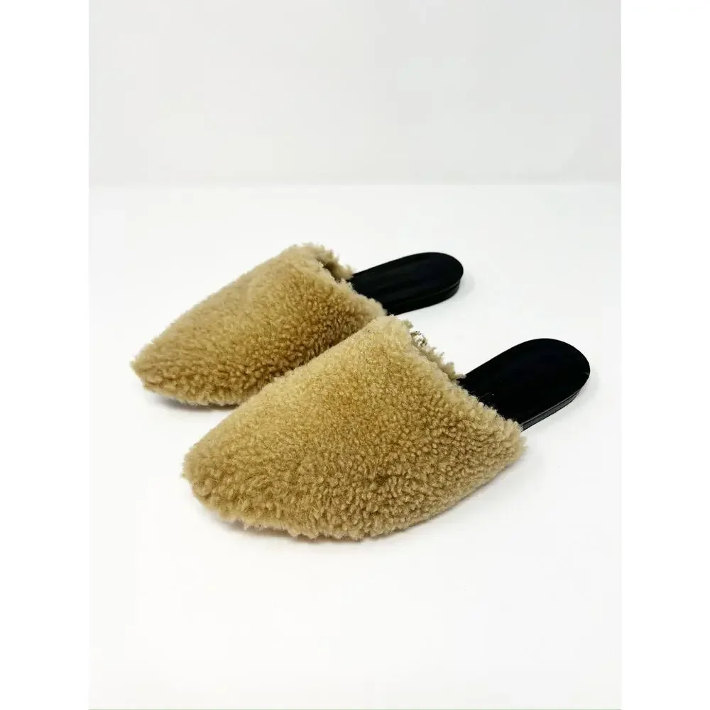 Jenni Kayne Shearling Flat Pointy Toe Mule Slip On Shoe Natural Brown EU 37